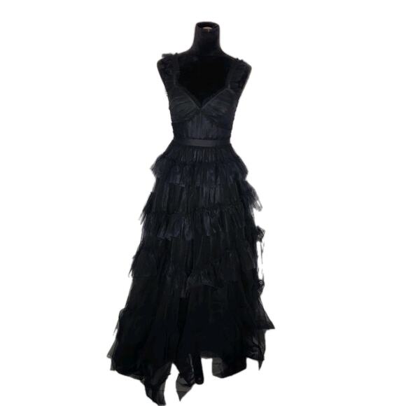 BCBGMaxAzria Dresses & Skirts - BCBGMAXAZRIA Black Tulle Tiered Maxi Dress Ruffle V Neck Formal Size 2